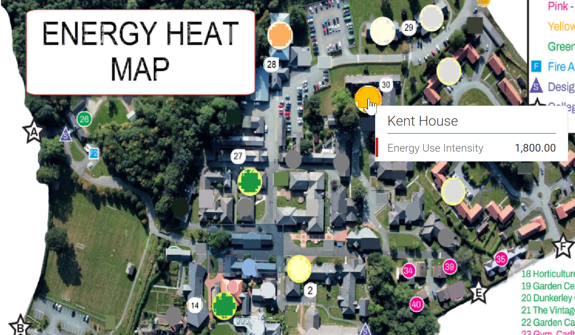 aerial heatmap of an estate showing energy usage in buildings.